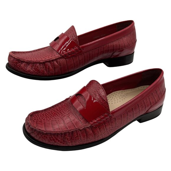 Cole Haan Women 8.5 Red Croc Embossed Leather Penny Loafer Comfort Office Preppy - Picture 1 of 11
